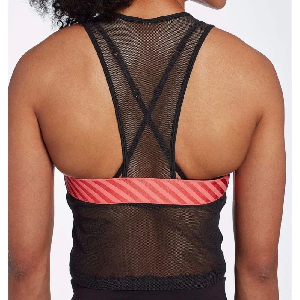 Nike Womens Black Mesh‎ Racerback Cropped Training Tank Top Coral Stripe Accent